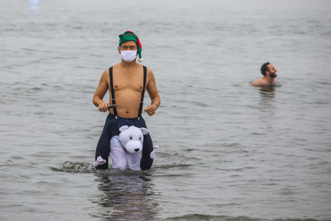 Swimmers brave the Atlantic Ocean in Coney Island